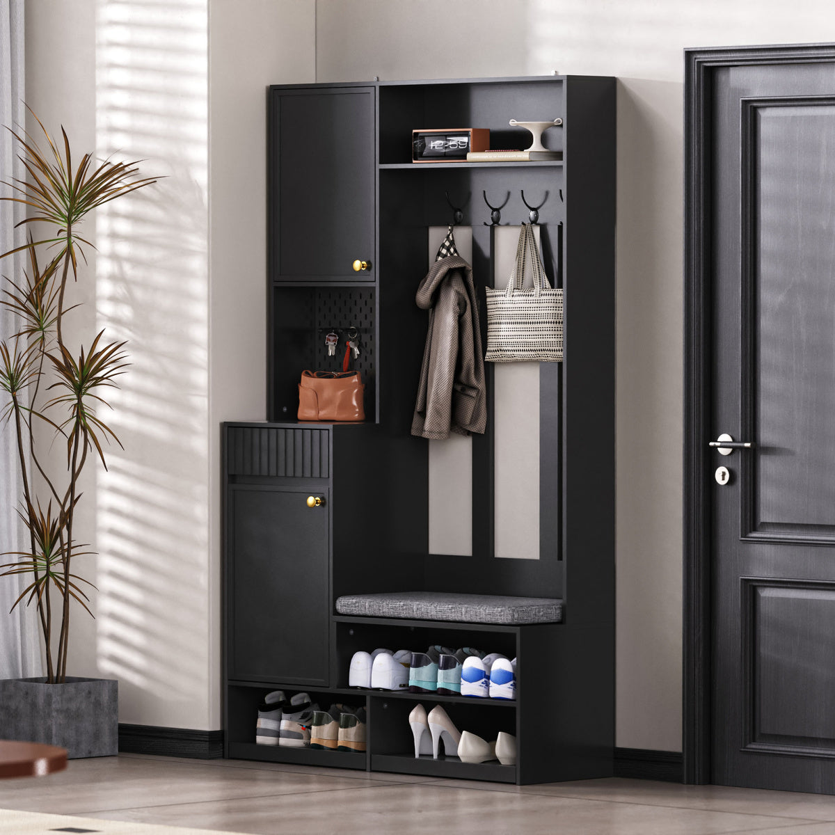 Garderobenset mit Sitzbank, Pegboard, 4 Haken, 2 Schubladen & Schrank, MDF, Schwarz, 100×35×180 cm