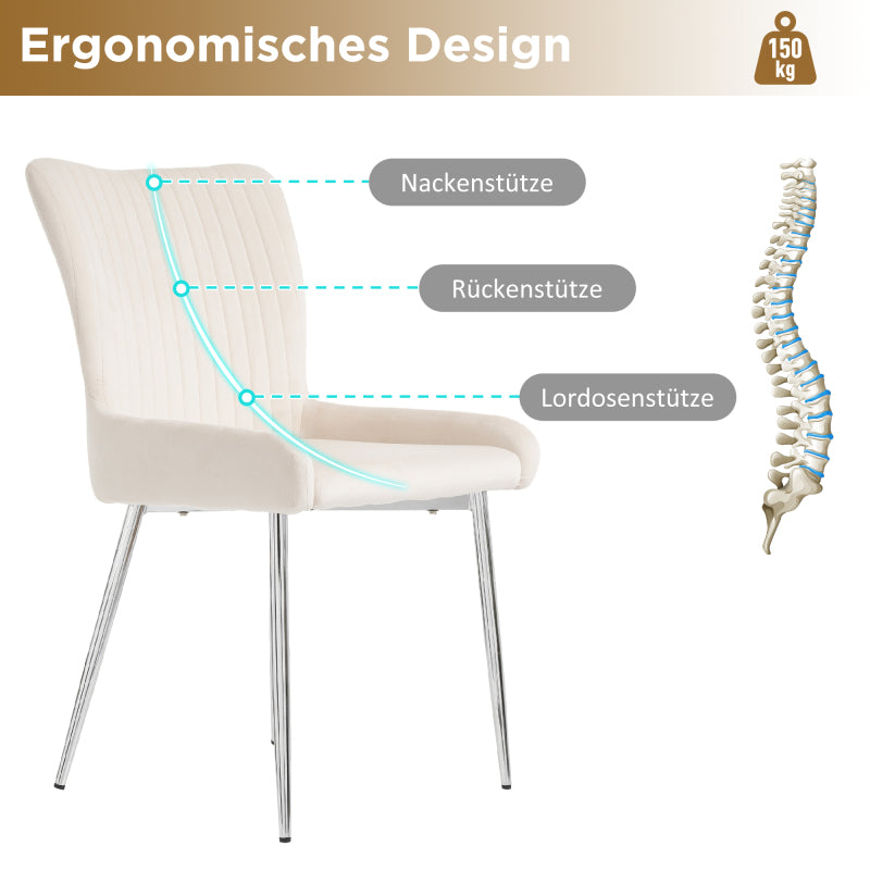 Samt-Esszimmerstuhl, 2er-Set, Lounge-Stuhl mit vier Silberne Metallstützbeinen, Lendenwirbelstütze, Beige