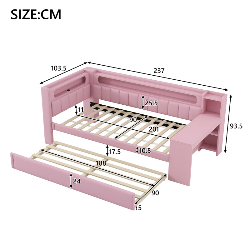 Gepolstertes 90x200 Tagesbett mit USB-Anschlüssen und LED-Gürtel, mit Ausziehbett und Schreibtisch, Rosa