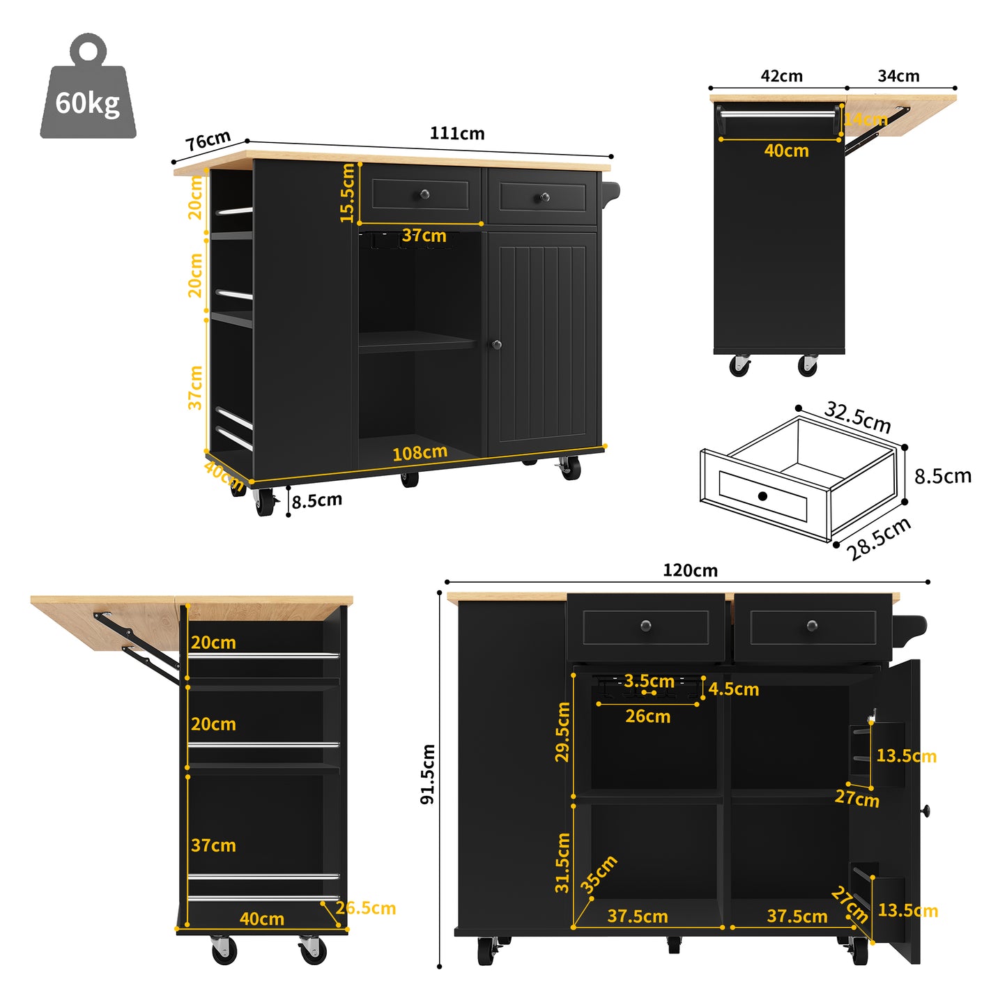 Kücheninsel mit Arbeitsplatte Küchenschrank Schwarz Esszimmerwagen mit Snackhalter und Weinglasregal Buffetschrank Trennwände Holzmaserung