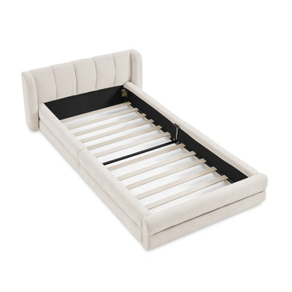 Einzelbett 90x200 cm, hautfreundlicher Chenille Stoff, komfortables Rückenlehne, auch als Kinderbett geeignet, Beige (ohne Matratze)