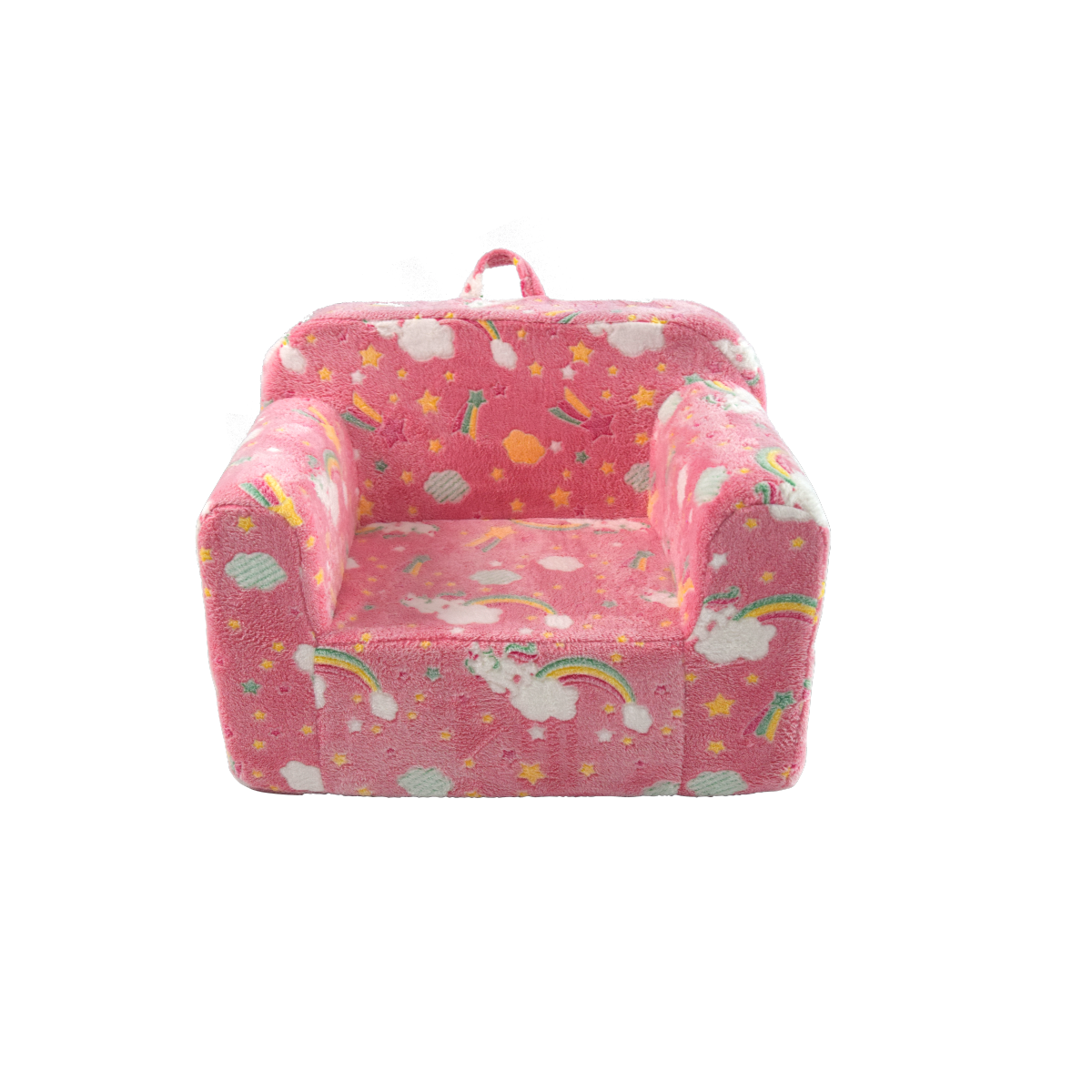 Kindersofa 3in1 mit leuchtendem Cartoon-Muster, Armlehne, waschbar, leicht, Pinkes Regenbogen