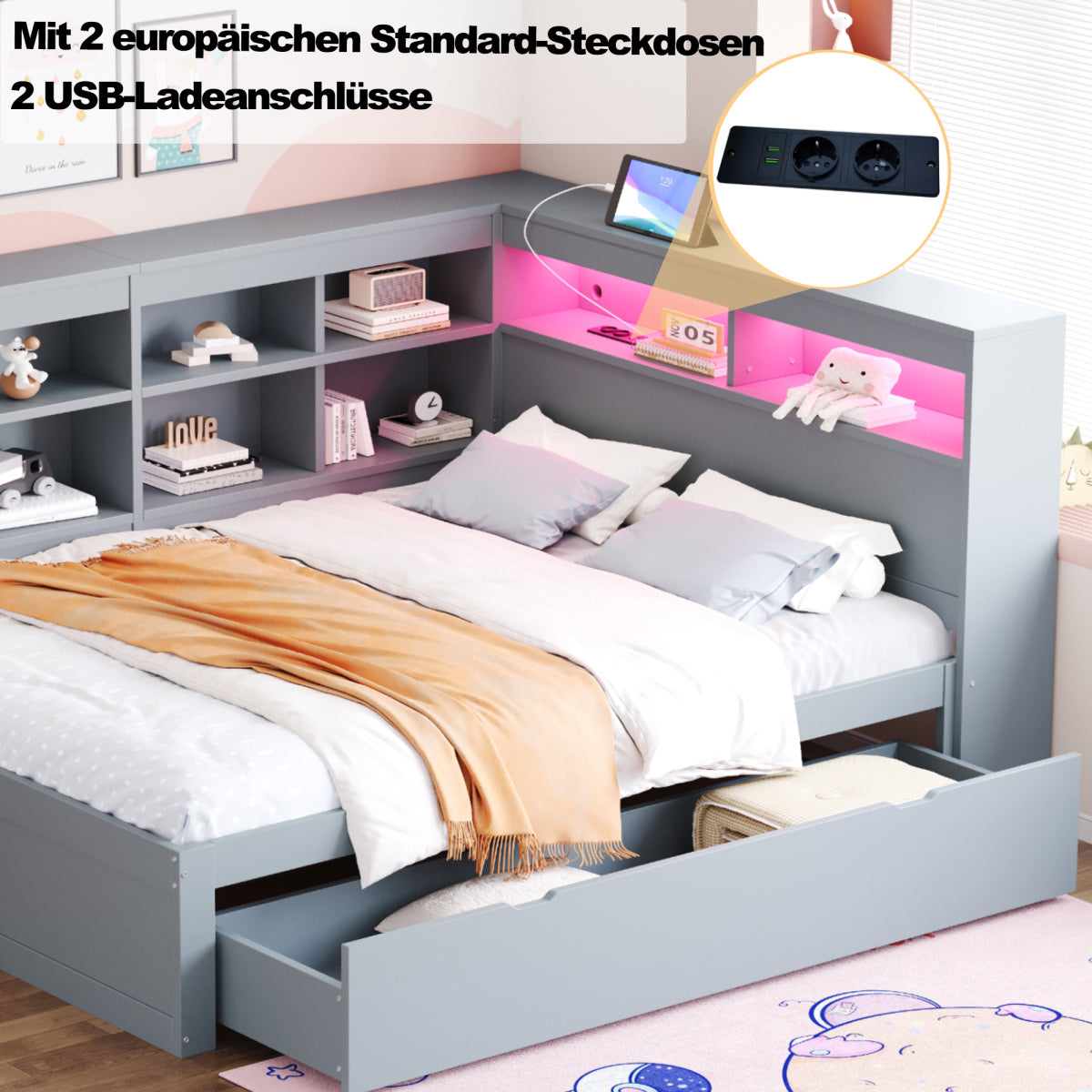 Massivholz-Doppelbett 140x200 Weiß mit LED & USB - Multifunktionales Sofa-Bett mit großen Schubladen, Ablagefächern & viel Stauraum, Grau