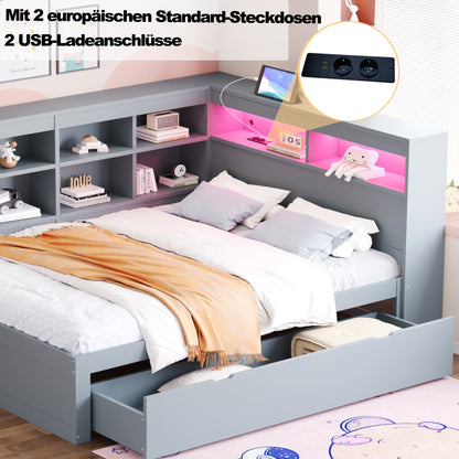 Massivholz-Doppelbett 140x200 Weiß mit LED & USB - Multifunktionales Sofa-Bett mit großen Schubladen, Ablagefächern & viel Stauraum, Grau