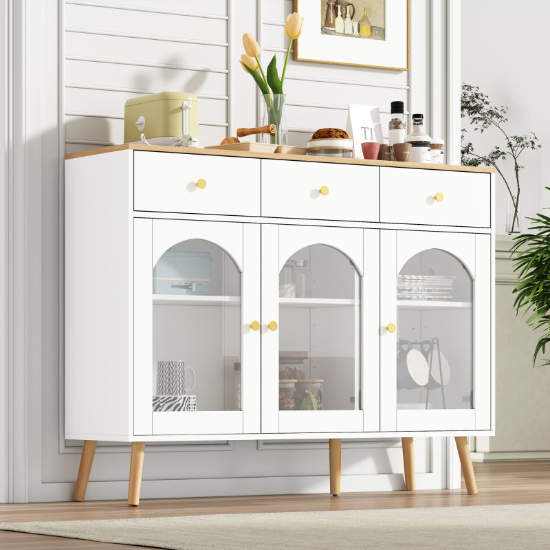 Sideboard mit 3 Schubladen und 3 gebogenen Türen mit breitem Schrank aus gehärtetem Glas für Buffettische in Küchen und Esszimmern, weiß und natur