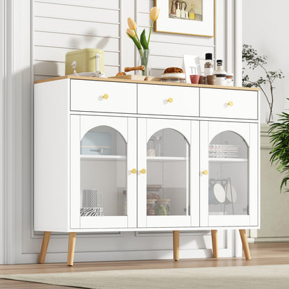 Sideboard mit 3 Schubladen und 3 gebogenen Türen mit breitem Schrank aus gehärtetem Glas für Buffettische in Küchen und Esszimmern, weiß und natur
