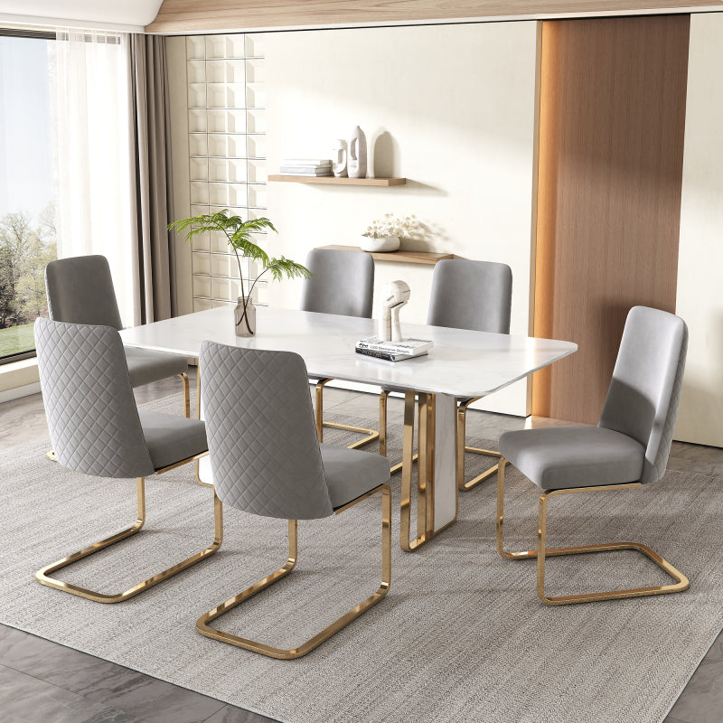 Samt-Esszimmerstuhl, 2er-Set, Lounge-Sessel, Diamant-Rücken-Design, mit goldfarbenen Metall-Stützbeinen, Grau