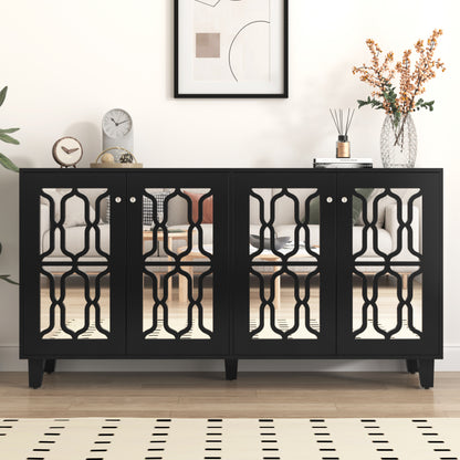 Schwarz verspiegelte Anrichte mit kühlen Kristallgriffen, Vier Türen, mit beweglichem Laminat.für Wohn- und Esszimmer, 160 x 40 x 84cm