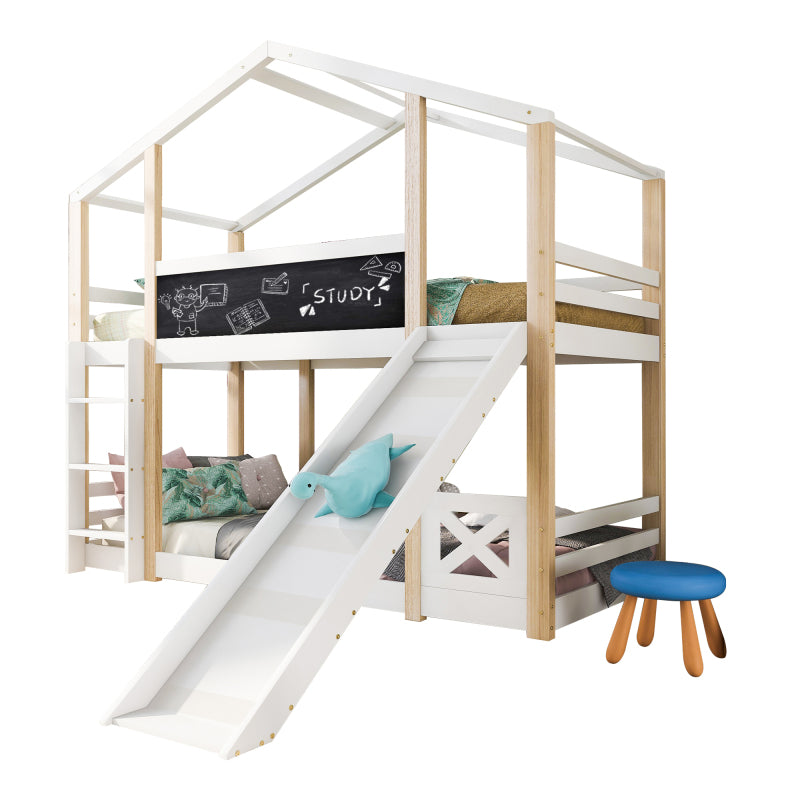 Kinderbett Baumhaus mit Rutsche & Leiter 90 x 200 cm, Hochbett für Kinder– 2x Lattenrost- Natur & Weiß