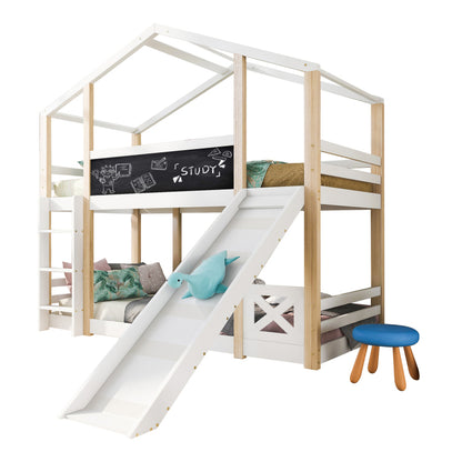 Kinderbett Baumhaus mit Rutsche & Leiter 90 x 200 cm, Hochbett für Kinder– 2x Lattenrost- Natur & Weiß