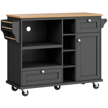 Esszimmerwagen (129 x 46 x 92 cm), moderner und einfacher schwarzer, beweglicher Küchen-Esswagen mit Schubladen und Lagerschränken, hellbraune Holzarbeitsplatte, geeignet für moderne Familien