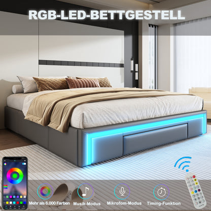 Bettgestell 140X200 mit Schubladen, PU-Leder Bett ohne Kopfteil Mit LED-Lichtleiste, MetalllattenPlattformbett für moderne Schlafzimmer Grau