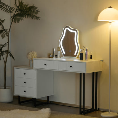 Schminktisch, Kosmetiktisch-Set mit Spiegel und Beleuchtung, ausziehbare Tischplatte, 3-farbige LED-Beleuchtung, Maße: B100/H76/T40 cm (ohne Hocker)