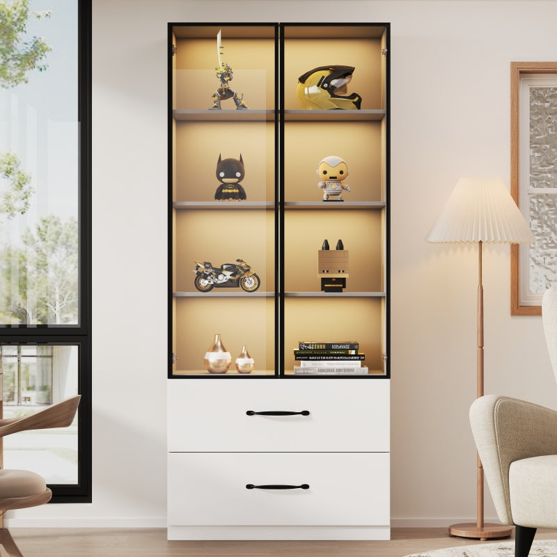 Glasvitrine, Bücherregal und Multifunktionsschrank mit Beleuchtung und Schubladen, mehrfarbige LED, 60×40×160 cm White