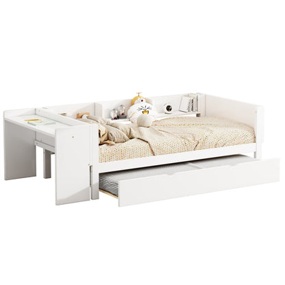 90*200cm, Flachbett, mit ausziehbarem Bett, mit Schreibtisch, drei Regale an der Seite des Bettes,  Weiß