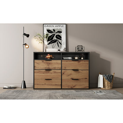 Kommode Sideboard aus Bernstein Glas, Sideboard mit Metallgriffen, Kommode mit 6 Schubladen und 2 Fächern , kippsicher, 120 x 40 x 80 cm, Eiche