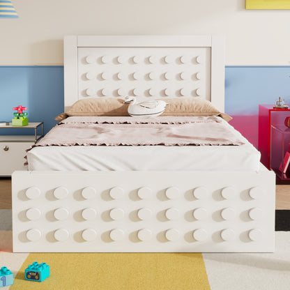Holzbett Einzelbett 90x190 cm, Kinderbett Jugendbett mit Kreativem Block Design, Massivholz Bettgestell mit Lattenrost, mit Schubladen & Unterm Bett Stauraum, Weiß, Ohne Matratze