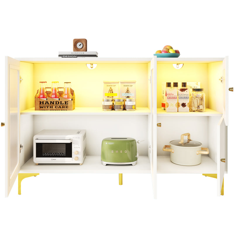 Modernes und schlichtes weißes Sideboard (140 x 40 x 90 cm), Changhong-Glastür-Design, integriertes warmes Umgebungslicht, mit dekorativen Metalldetails und viel Stauraum, geeignet für Esszimmer