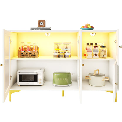 Modernes und schlichtes weißes Sideboard (140 x 40 x 90 cm), Changhong-Glastür-Design, integriertes warmes Umgebungslicht, mit dekorativen Metalldetails und viel Stauraum, geeignet für Esszimmer