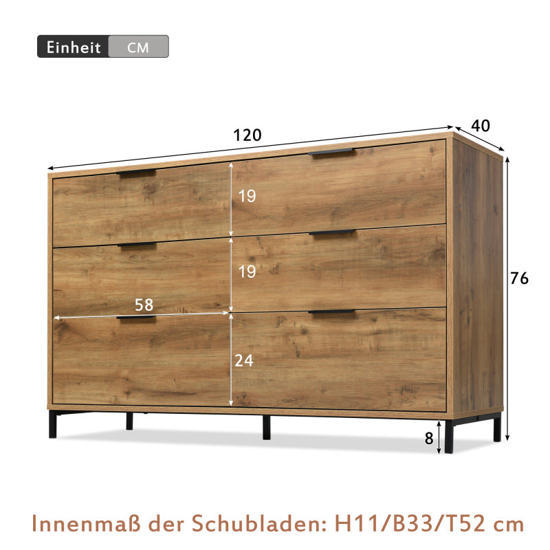 Kommode, Sideboard mit 6 Schubladen, 120 x 40 x 76 cm in Dunkle Eiche, Sideboard Highboard für Schlafzimmer & alle Wohnräume
