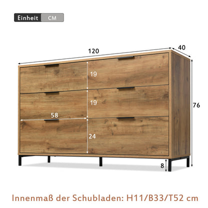Kommode, Sideboard mit 6 Schubladen, 120 x 40 x 76 cm in Dunkle Eiche, Sideboard Highboard für Schlafzimmer & alle Wohnräume