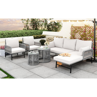 Gartenlounge-Set, Gartenmöbel-Set, Mit Eisenrahmen und grauem Seil, Gartenmöbel aus gewebtem Seil für den Außenbereich, Grau, Zwei Sessel, zwei 2-Sitzer-Sofas und zwei Tische (alle Kissen inklusive)