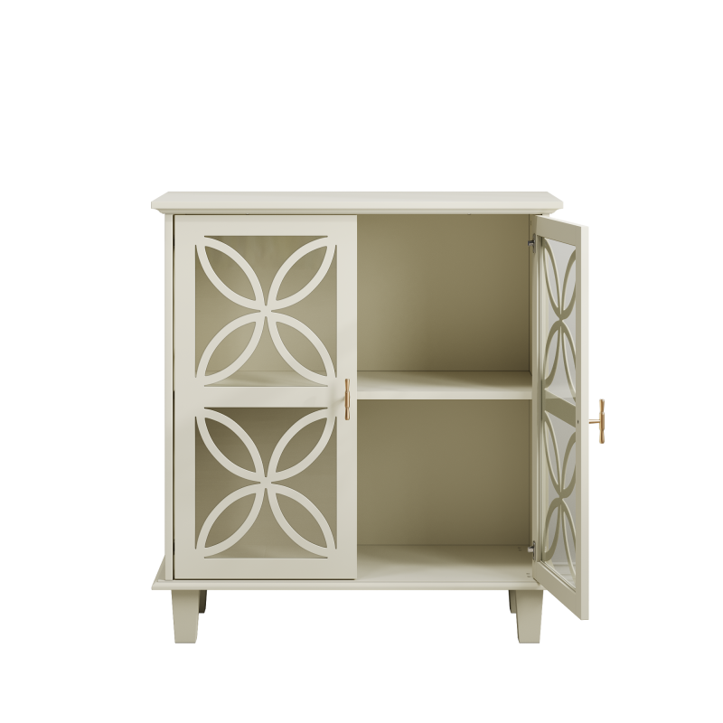 Sideboard mit Glastüren und verstellbaren Böden, freistehender Aufbewahrungsschrank im Retro-Stil, 2-türig, für Bad & Küche, Creme