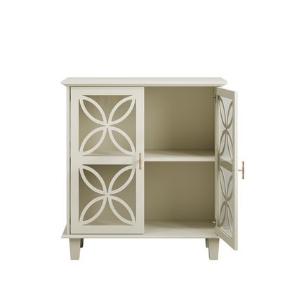 Sideboard mit Glastüren und verstellbaren Böden, freistehender Aufbewahrungsschrank im Retro-Stil, 2-türig, für Bad & Küche, Creme