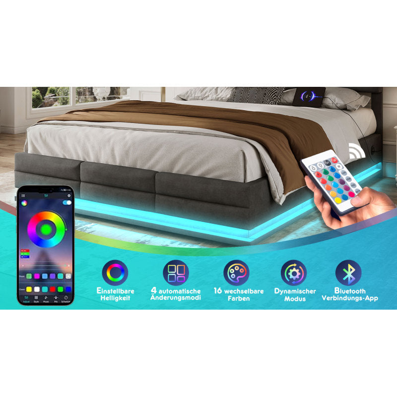 160 x 200 cm Bettgestell aus weichem Samt mit USB Type C Ladefunktion und LED Beleuchtung, Hydrauliksystem Stauraum Bettgestell aus Samtmaterial Jugendbett mit Lattenrost, Grau