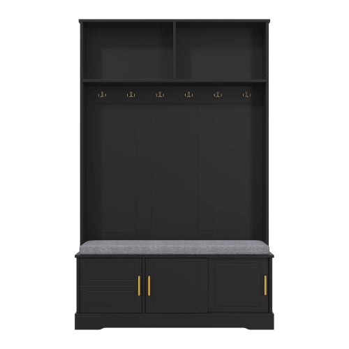 Garderobenständer mit  Schuhbank, Garderobe,  6 Dreifach-Haken,freistehend, platzsparend, für Eingangsbereich,Flur, Schwarz