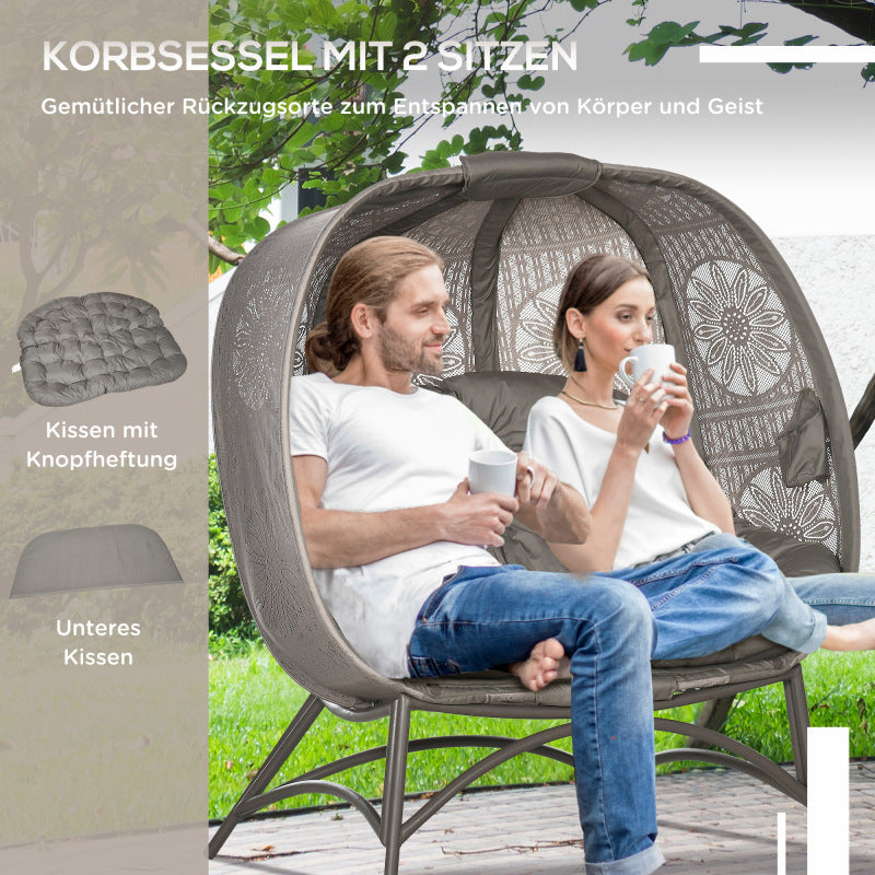 Gartenstuhl 2-Sitzer Papasansessel mit Faltbarem Korb und Kissen, Loungesessel für Balkon und Terrasse, Stahl in Sand, 126 x 75 x 142 cm