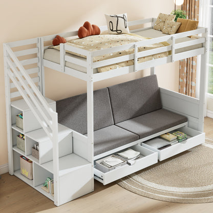 Kinder-Etagenbett, Doppelbett, multifunktionales Kinderbett,Mit Treppenschrank und 2 Schubladen, ohne Matratze, Die untere Ebene als Bett oder Sofa genutzt und enthält Kissen , weiß, 90*200