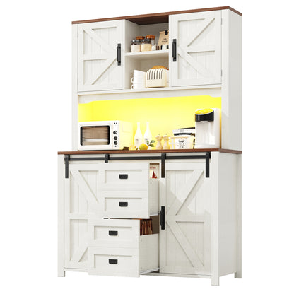 Küchenschrank 115x40x175cm hohes Sideboard Weiß mit App-LED-Beleuchtung, X-Design Schiebetüren, 2 Schubladen & Magnetklappen, Küchenbuffet
