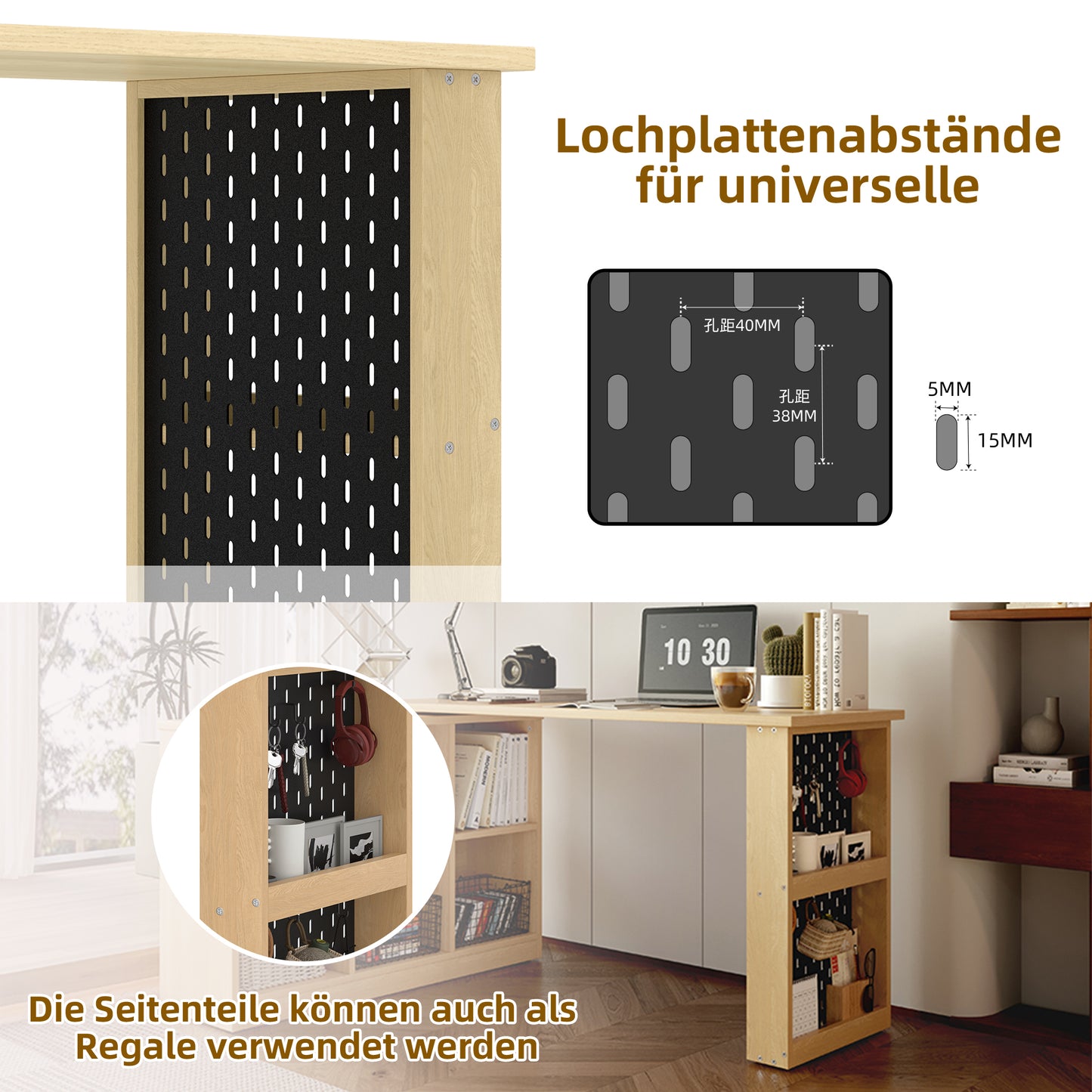 Multifunktionaler Bürotisch, Sechsfach-Lagerschrank + Ablage, super belastbar, veränderbare Form, Natural