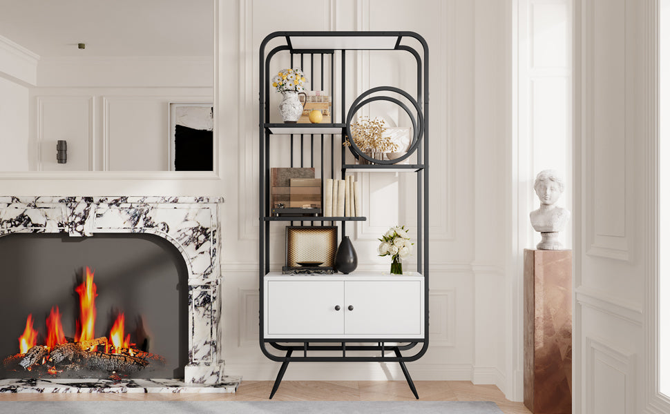 80 x 30 x 180 cm Metallregal, weißer Lagerschrank mit Doppeltür, drei Regalböden, schwarzes Metallregal, hohe Metallfüße, runde Dekoration, weiß + schwarz