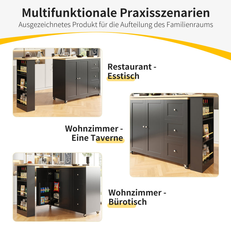360° drehbarer Stehtisch (138-209 x 39 x 104 cm) auf Rollen, schwarz, mit drei Schubladen. Kommt mit Snackhalter. Multifunktionale Aufbewahrungsinsel, geeignet für Küche und Wohnzimmer
