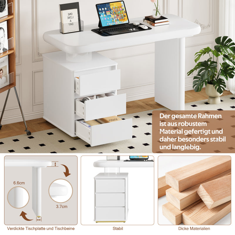 Moderner Schreibtisch 117×50×74 cm– weißer Voll-Lackierung,Wolkenform, 3 Schubladen, verdickte Tischplatte und Beine, abgerundete Kurven