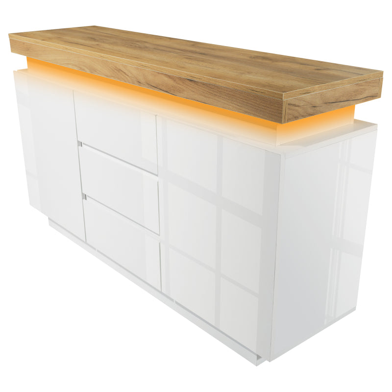 Kommode, Hochglanz Sideboard mit 2 Türen und 3 Schubladen, LED Beleuchtung (App Control), Mehrzweckschrank für Wohnzimmer und Schlafzimmer, 81 x 140 x 39 cm, Weiß