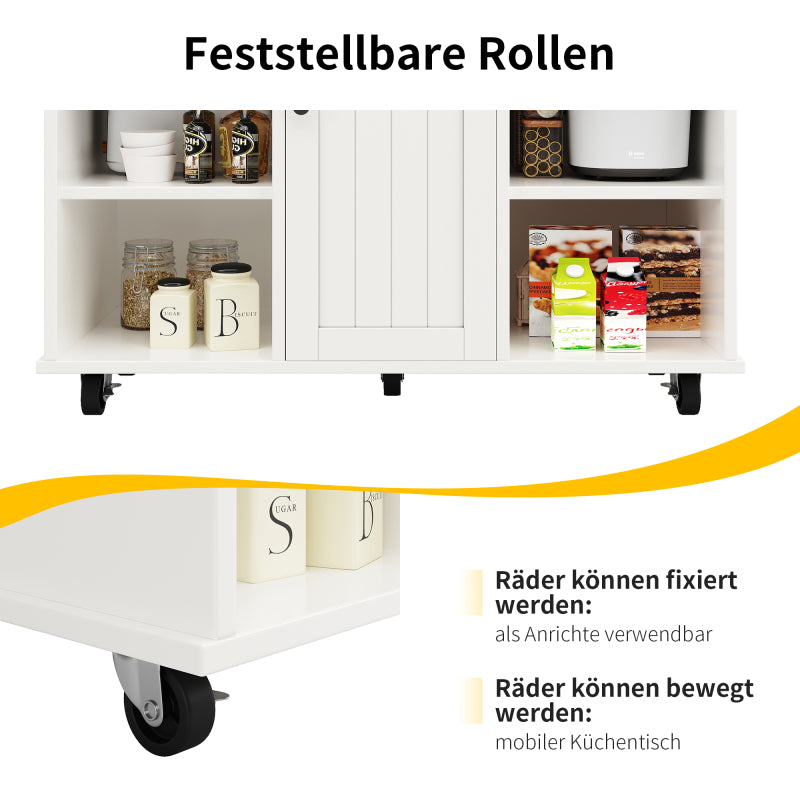 Moderne Kücheninsel (127×46×91,5cm) Küchenschrank Essschrank mit Holzmaserung Esswagen mit multifunktionalem Stauraum und herausnehmbaren Trennwänden, weiß