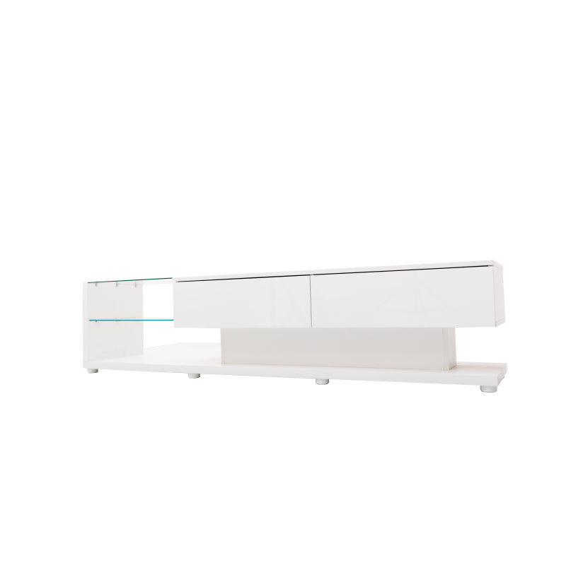 TV-Schränke, niedrige Paneele, hochglänzende weiße Glastrennwände und variable LED-Beleuchtung. Es verbindet natürlichen, rustikalen Stil mit modernem Design.