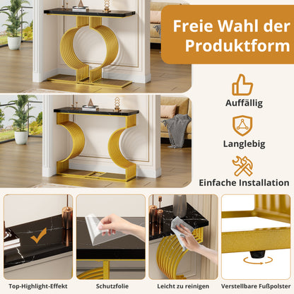100*35*80cm moderner, schlichter schwarzer Hochglanz-Couchtisch, kleiner Beistelltisch fürs Wohnzimmer, Konsolentisch, goldener Sockel kann auf zwei Arten installiert werden