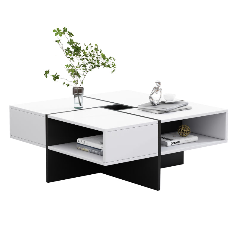 Moderner quadratischer Couchtisch 70x70x35cm – Schwarz-Weiß Design, 5 offene Fächer, mittleres Staufach 10x10cm, stabiler 30KG Tragkraft,Weißer quadratischer Couchtisch