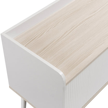 TV-Schrank mit zwei Schubladen, Fernsehtisch TV Board, TV- Lowboard niedrige Platte mit zwei Schiebetüren. Exquisite Textur. Weiß und natürliches Holzfarbe. H58/L160/T40 cm.