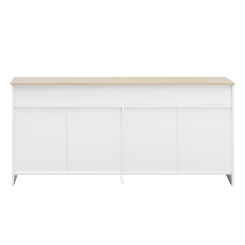 Sideboard mit weißer Holzmaserung, vier Türen, mit drei Schubladen, Wohnzimmer, Esszimmer. Holzfarbe und Weiß