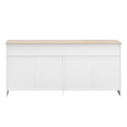 Sideboard mit weißer Holzmaserung, vier Türen, mit drei Schubladen, Wohnzimmer, Esszimmer. Holzfarbe und Weiß