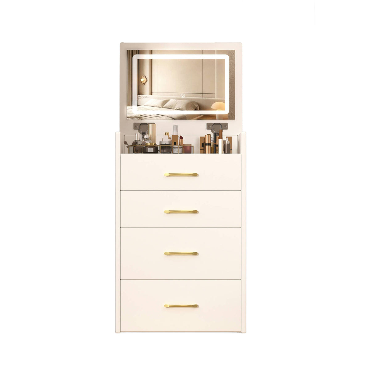 3-in-1-Schminktisch mit Klappspiegel, Glastischplatte, 3 Schubladen, Weiß