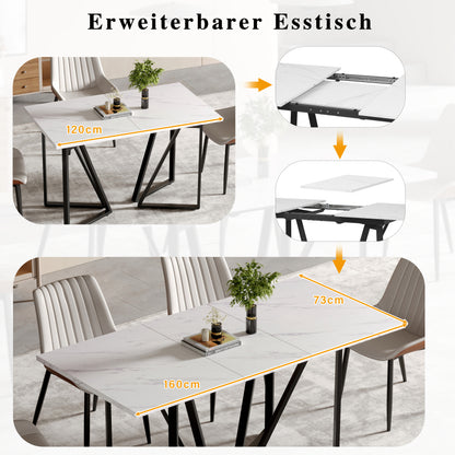 Moderner Esstisch mit Marmor-Muster, erweiterbar, Weiß+Schwarz