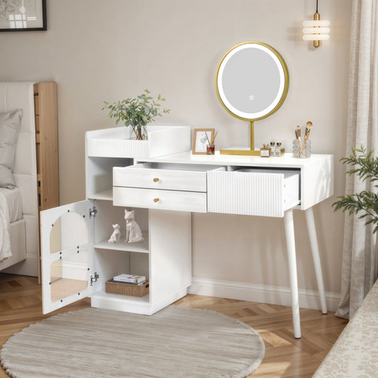 Kosmetiktisch-Set mit LED-Spiegel und 3-Farben-Beleuchtung, Schminktisch aus Holz mit 3 Schubladen und Seitenschrank, ausziehbares Design - Maße: B120/H90/T40 cm (ohne Hocker)