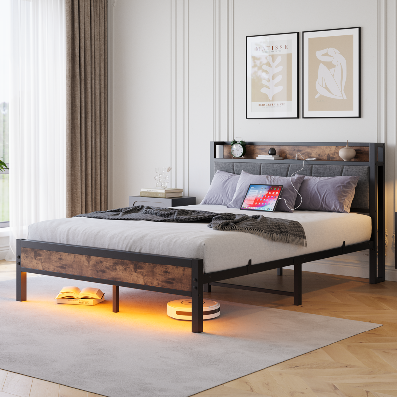 140x200cm Größe Bettrahmen mit intelligenten LED-Lichtern, Speicherkopf mit USB-Ladestation, Heavy Duty Metalllamellen Unterstützungsplattform, Lärmfrei, Einfache Montage, Keine Boxfeder erforderlich
