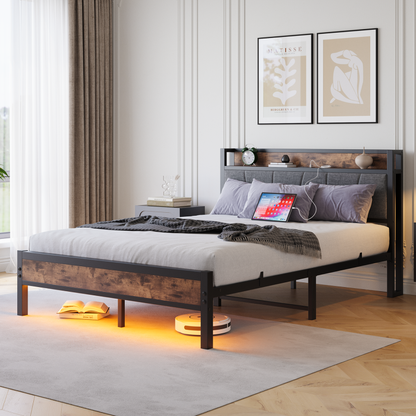 140x200cm Größe Bettrahmen mit intelligenten LED-Lichtern, Speicherkopf mit USB-Ladestation, Heavy Duty Metalllamellen Unterstützungsplattform, Lärmfrei, Einfache Montage, Keine Boxfeder erforderlich